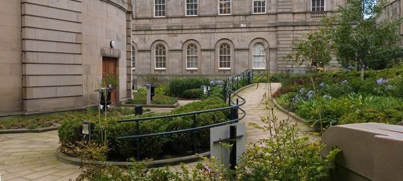 Photo of a wheelchair-accessible sloped path through the Archivists Garden, Edinburgh.