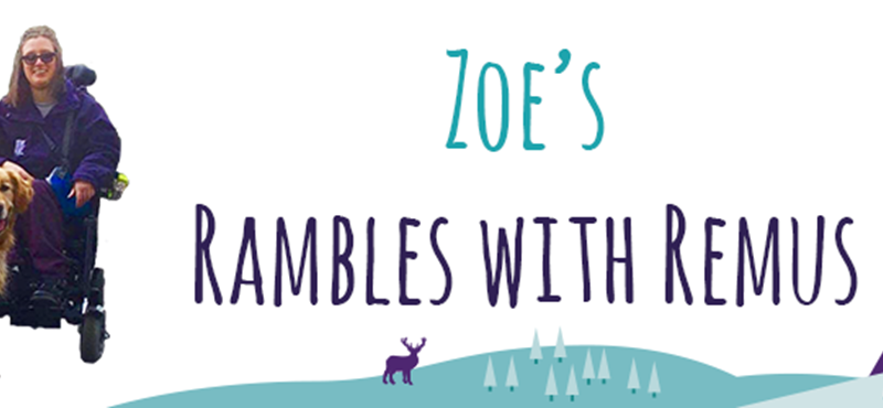 Image of Zoe and Remus with text saying “Zoe’s Rambles with Remus” and a graphic of hills, trees and a deer