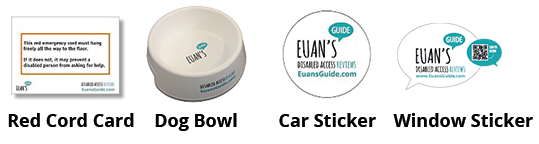 Image showing the resources venues can order from Euan's Guide. Pictured from left to right: Red Cord Card, Dog Bowl, Car Sticker, Window Sticker