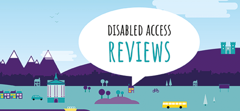 Image of a city with Disabled Access Reviews written in a large speech bubble