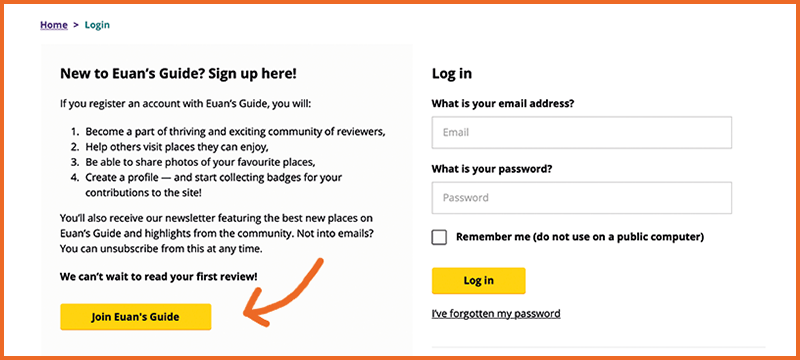 Image showing the login webpage with an arrow showing where to click to create a new account.