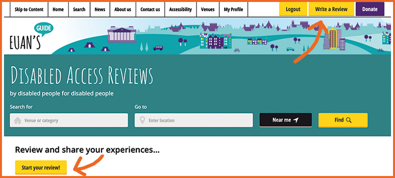 Image of the Euan's Guide homepage with arrows showing two places you can click to start a new review.