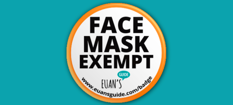 Image illustrating what the Face Mask Exempt badge looks like against a teal background.