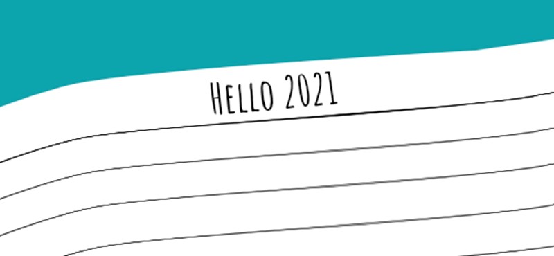 A teal background with an open notebook shown with "Hello 2021" written on the top line.