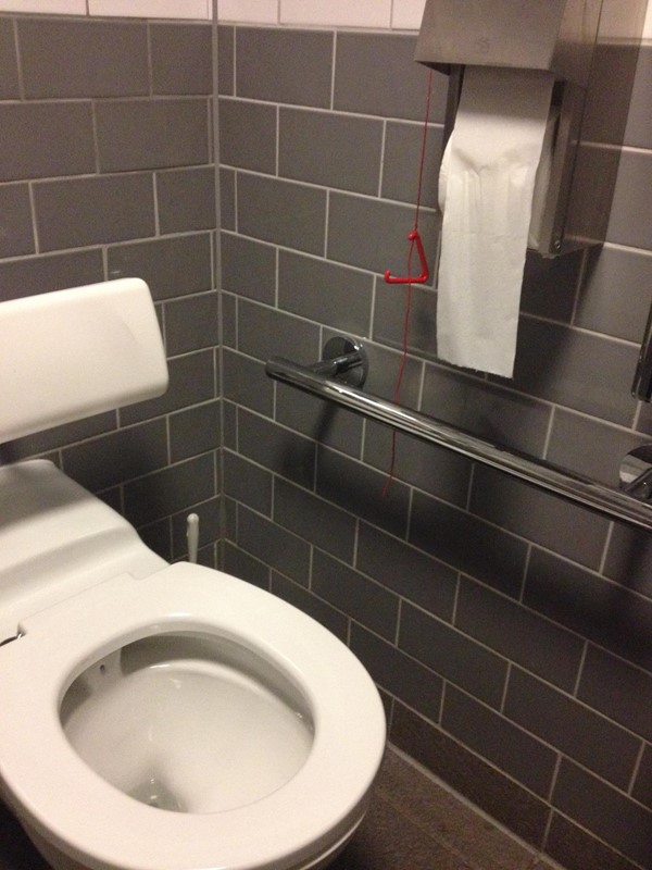 Basement café toilet: red emergency cord chopped off much too high, and missing its second plastic triangle.