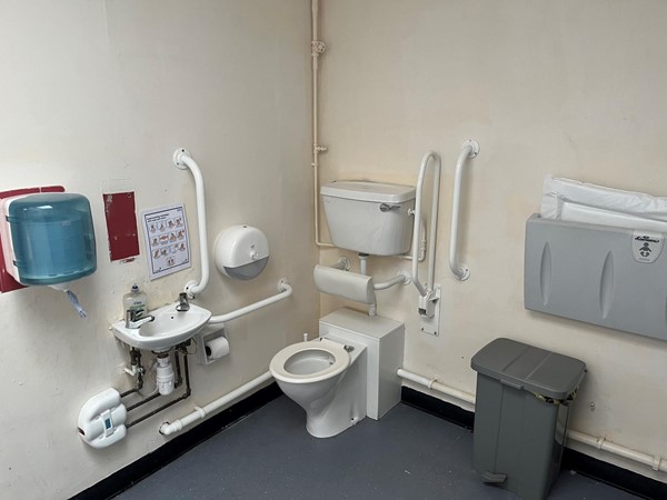 Image of the toilet and transfer space in the accessible toilet.