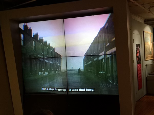 Shows a screen playing a local documentary about Ship Building in the History of the Tyne Exhibit