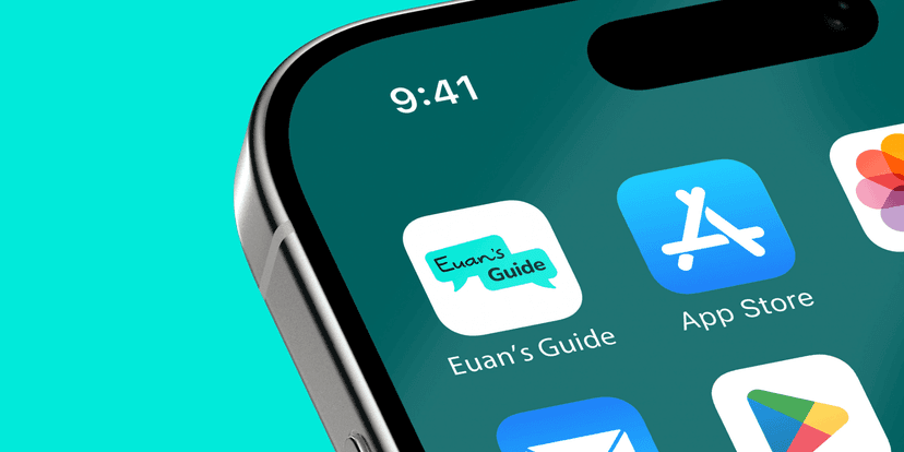 An image of the top left corner of a mobile phone with the Euan's Guide app and app store icons