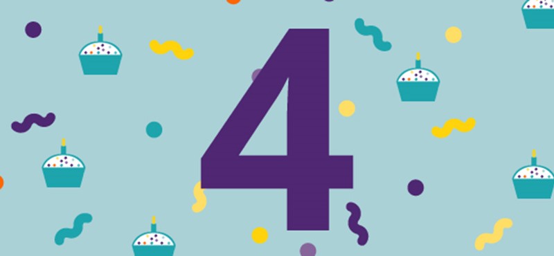 Graphic showing confetti and the number four.
