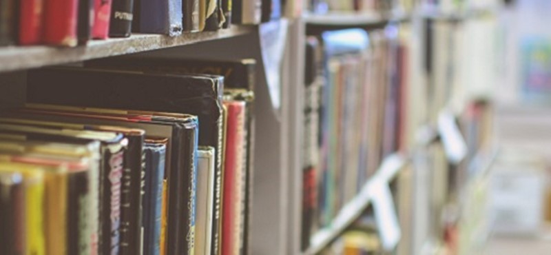 Photo of a shelf of books.