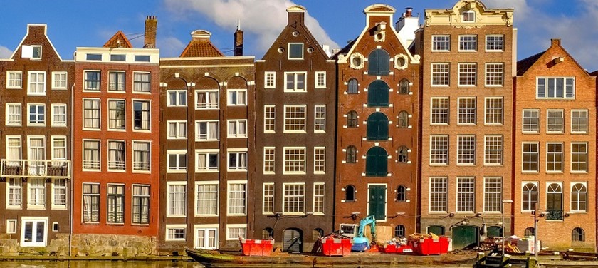 Photo of tall, crooked buildings in Amsterdam.