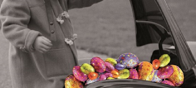 Photo of Easter eggs in the bonnet of a car.