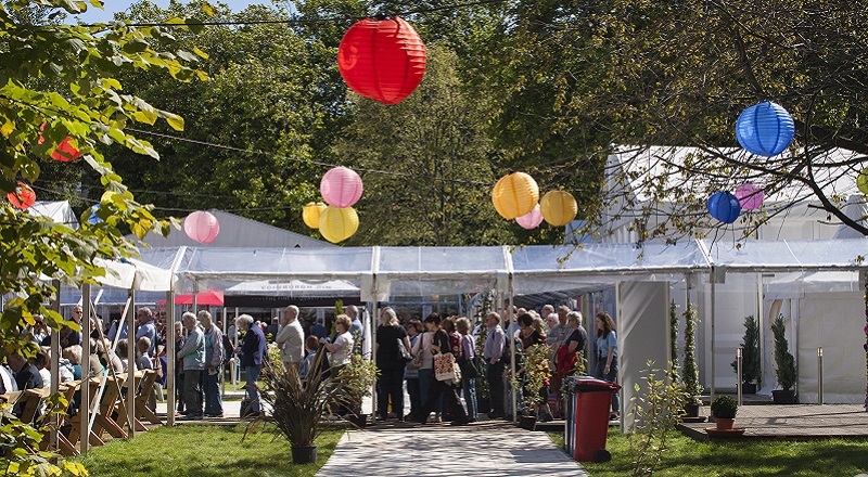 Photo of the book festival with coloured lanterns.