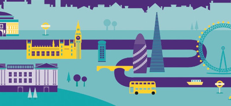 Artwork showing London landmarks.