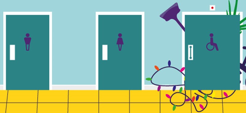 An illustration of toilet doors and clutter bursting out of the accessible loo.
