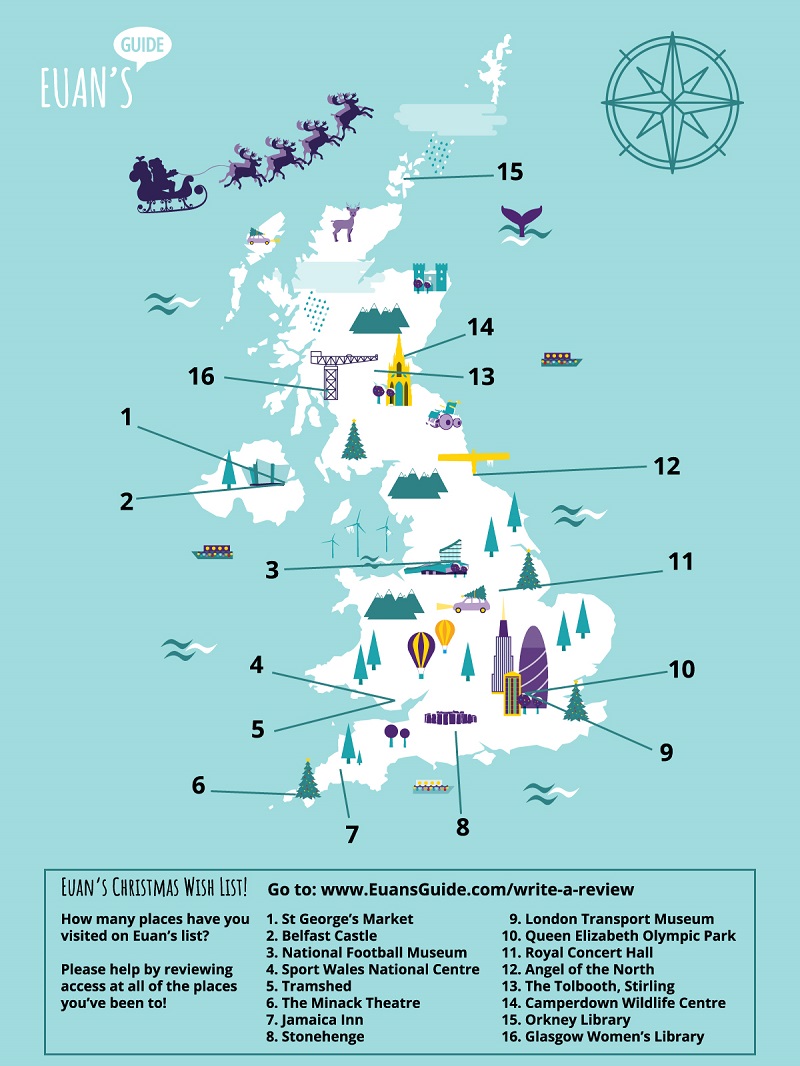 Map of UK showing locations of Euan's wish list places.