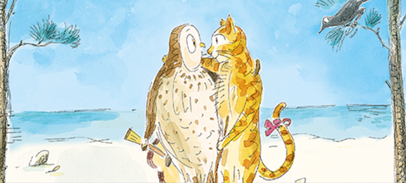 Drawing of an owl and a cat on a beach