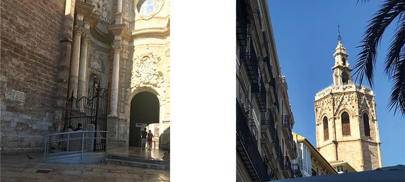 Images of: Ramped entrance to the Cathedral and the Cathedral’s bell tower.