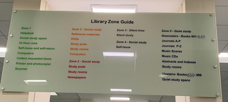 Image of the sign inside Merchiston library that describes the different zones.