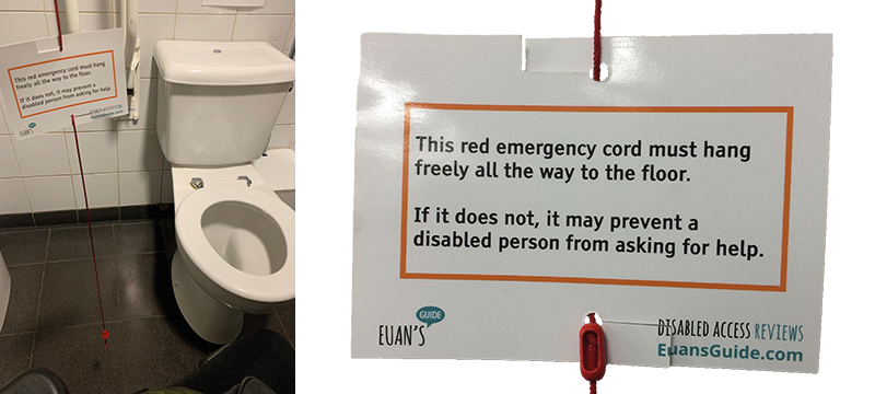Image of a Red Cord Card on a cord in an accessible toilet beside a close up image of the card