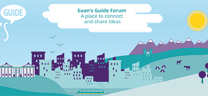 City graphic with the Euan's Guide bubble logo on the left hand side. Text in a cloud reads "Euan's Guide Forum - a place to connect and share ideas