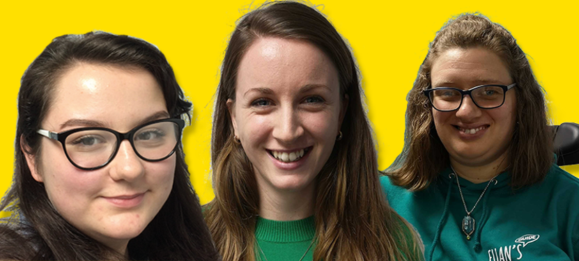 Image of Kayleigh, Laura and Zoe against a bright yellow background.