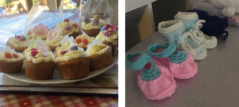 Image of Zoe's cupcakes and Elaine's knitted booties.