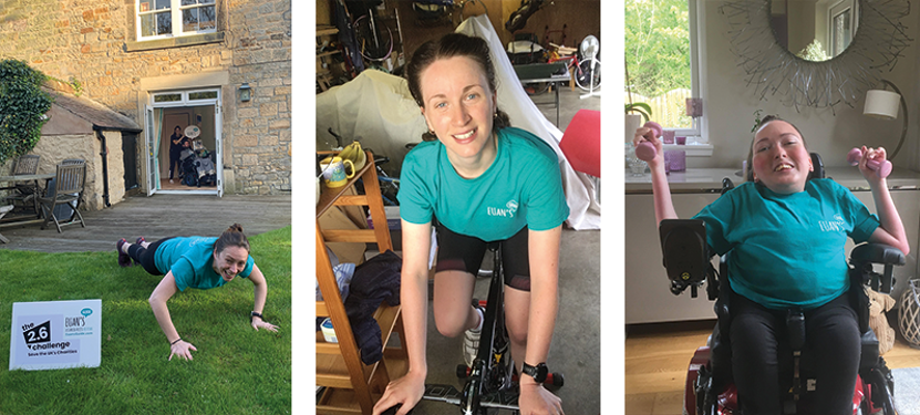 Image of Antonia doing push ups, Laura cycling and Claire using weights.