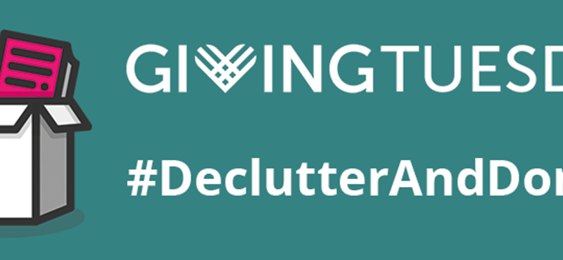 A graphic of a box full of items with the Giving Tuesday logo and #DeclutterAndDonate hashtag