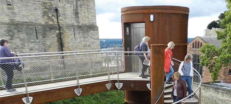 Exterior lift and spiral staircase at Lincoln Castle.