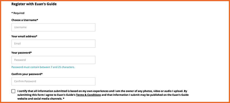 Image of the Euan's Guide registration page.