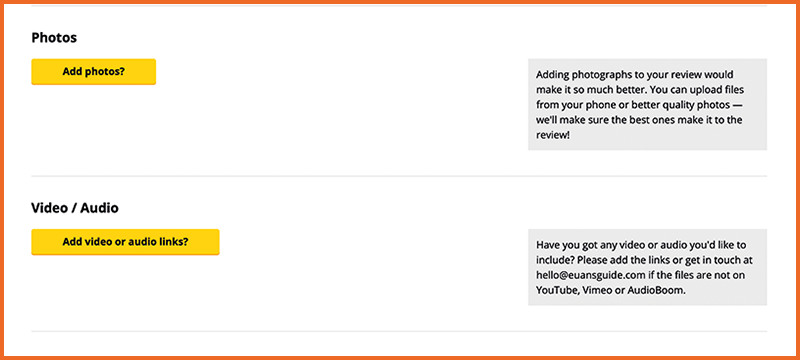Image showing the section of the review form where images can be uploaded and you can add links to video or audio files.