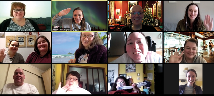 Screenshot of a Zoom chat call showing the Euan's Guide team and some Ambassadors waving.