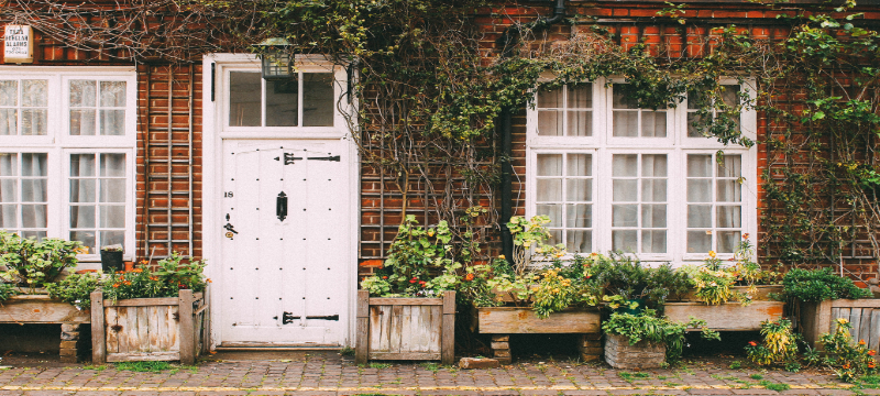 Image of a street with a lot of planters and potted plants outside.