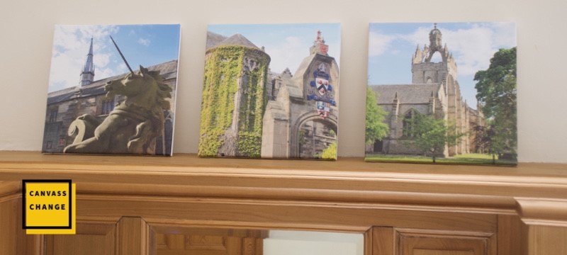 Image of three canvas prints on a wall.