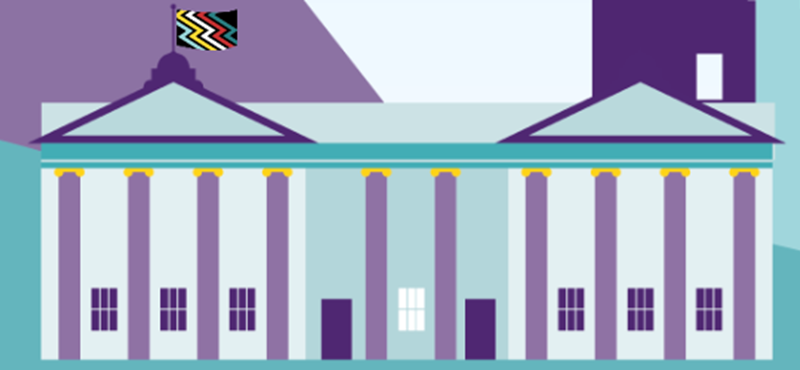 Euan's Guide graphic of a large museum style building. The Disability Pride Flag is waving on a pole on top of the building.