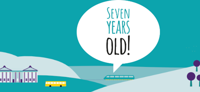 A generic cityscape with "seven years old!" written in a large speech bubble