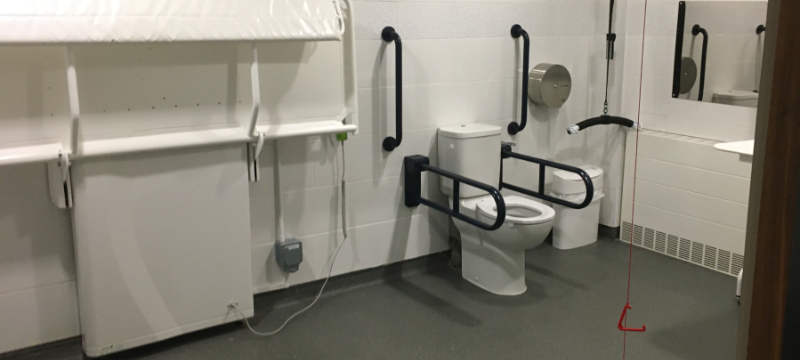 There is an adult sized changing bench against the wall on the left. The toilet is pictured to the right with a hoist seem next to it. There is a red emergency cord in front.