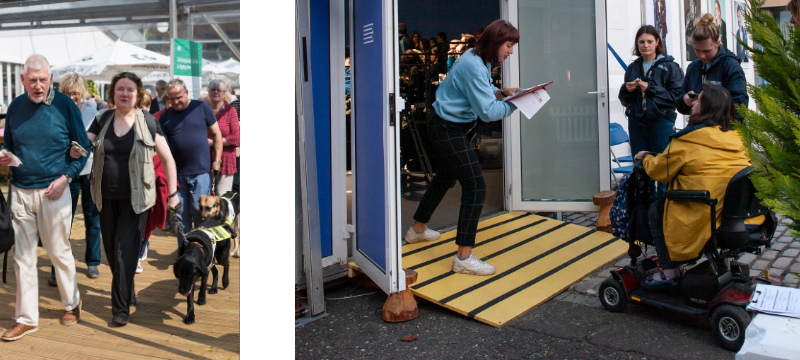 Two photos next to each other. The image on the left shows people walking around at the Book Festival, two guide dogs can be seen at the bottom right of the image. The image on the right shows an audience member in a powerchair about to enter the venue, there is a ramp at the entrance and three members of the team around the entrance.