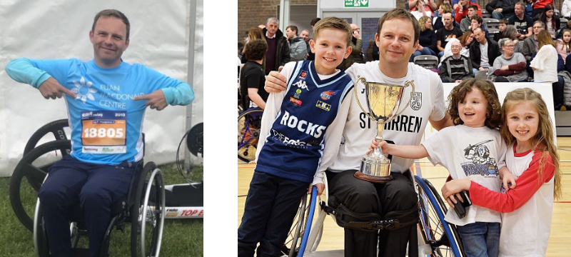 Two pictures of Ryan side by side. One taking part in a race with a Euan MacDonald Centre t-shirt and number. The other he is pictured with his children and a trophy.