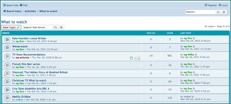 Screenshot showing the 'What to watch' section of the forum. The 'New Topic' button can been seen towards the top left of the image and has been emphasised with a teal box around it.