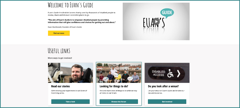 Screenshot taken from the Euan's Guide homepage. A teal box outlines the image and another teal box highlights the link to the forum, the middle link under 'Useful links'.