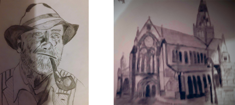 Two of Clive's illustrations shown side by side. On the left is a man wearing a hat and smoking a pipe. On the right is the exterior of Glasgow Cathedral.