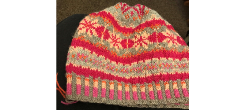 Image of the hat Eileen has knitted