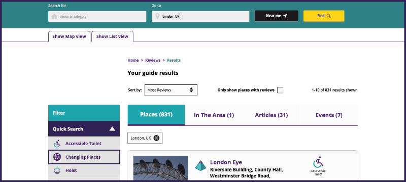 Image of Euan's Guide reviews, with Changing Places highlighted in a dark outline on the menu bar to the left.
