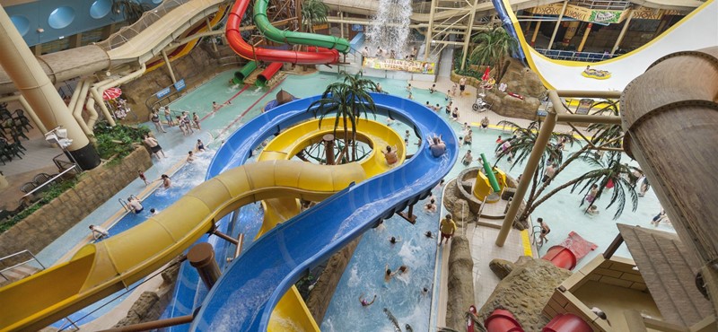 Interior of Sandcastle Water Park with water slides and pool.