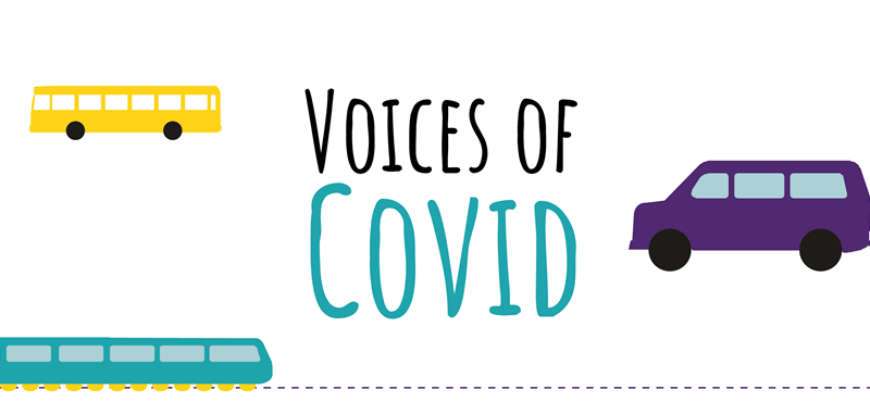 Graphic of train, bus and car with Voices of Covid text in the middle.
