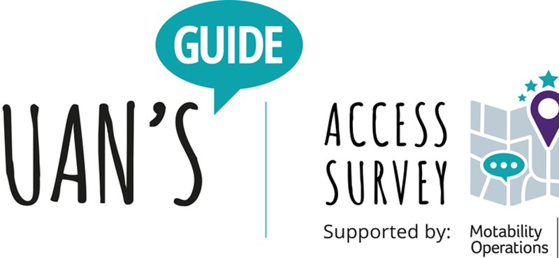Euan's Guide Access Survey logo supported by Motability Operations with a map featuring a pinpoint and a speech bubble icon.