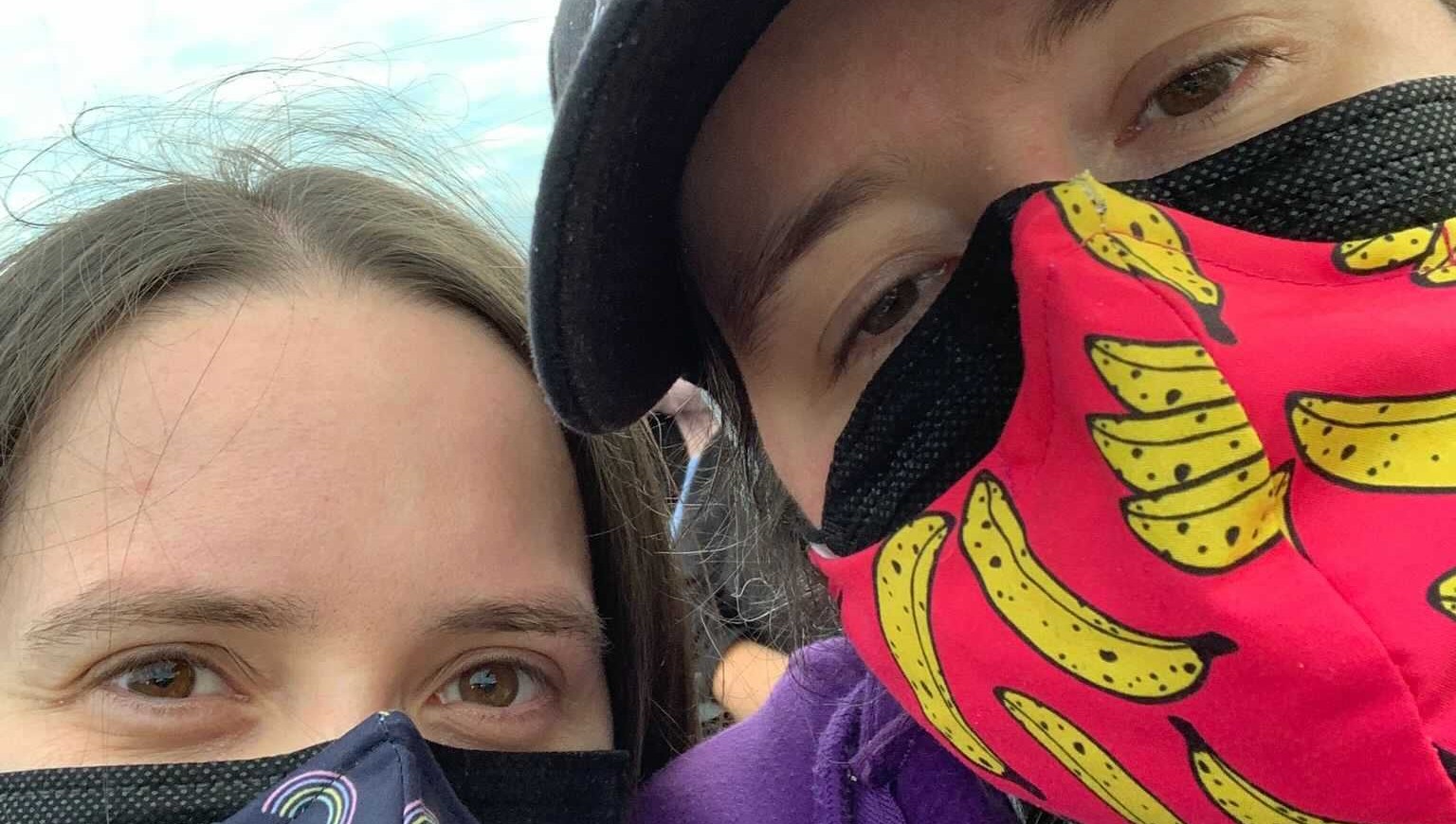 Sarah and Karine with masks on at TRNSMT