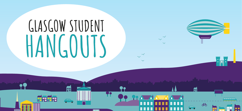 City landscape graphic illustration with text reading: "Glasgow Student Hangouts"